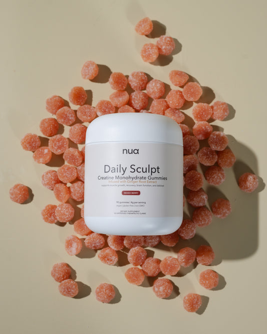 Nua Daily Sculpt creatine monohydrate gummies flat lay — mixed berry flavor, 90 gummies per jar, Philippines